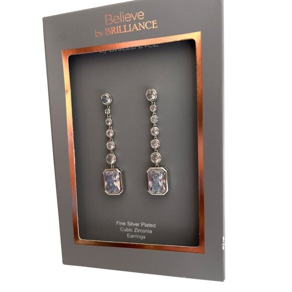 Believe By Brilliance Fine Silver Plated Cubic Zirconia Linear Drop Earrings - Picture 1 of 5